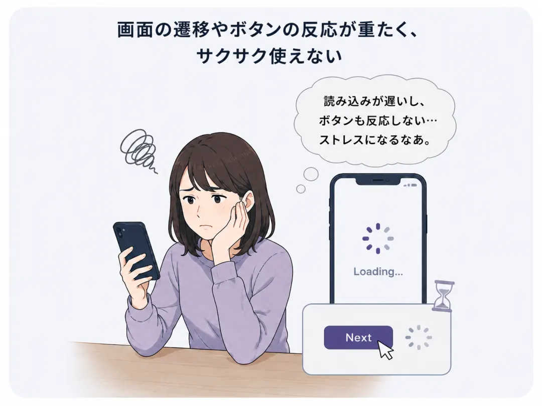 画面の遷移やボタンの反応が重たくサクサク使えないという課題