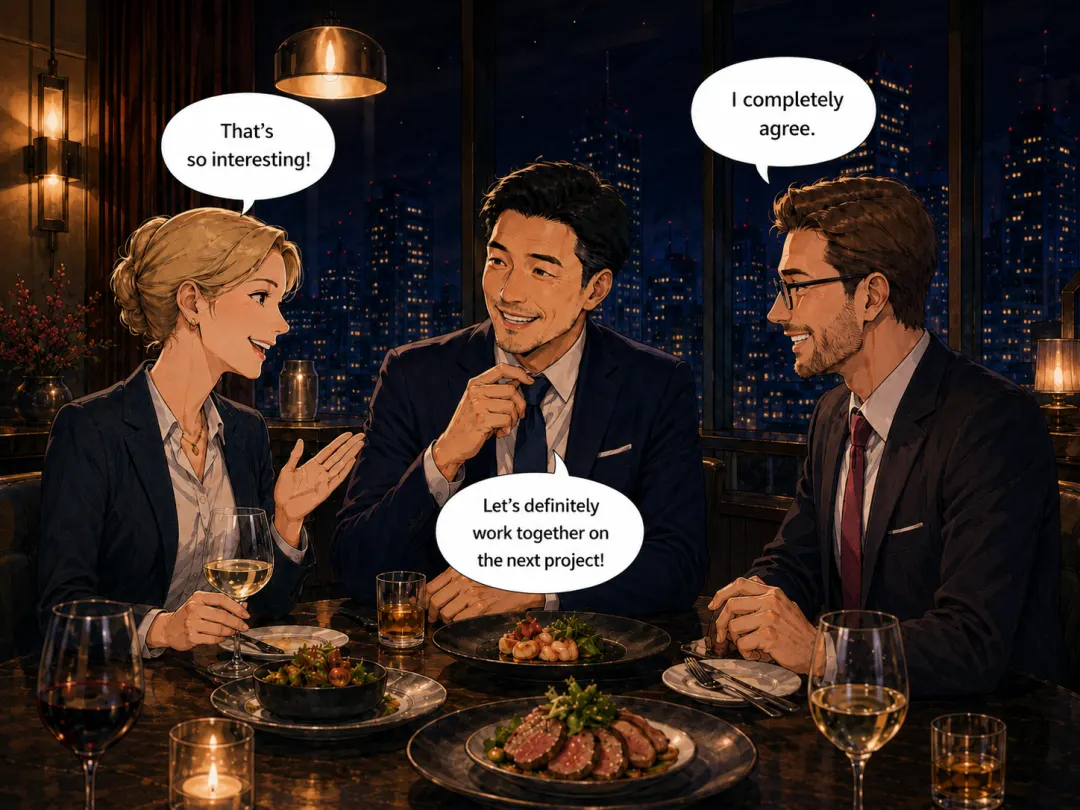 会食でプライベートを含めた人間関係を構築する様子