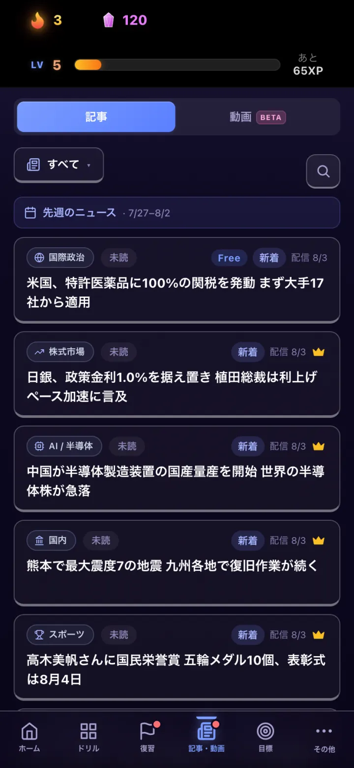 ニュース記事の一覧画面。カテゴリと配信日つきで週ごとに並ぶ