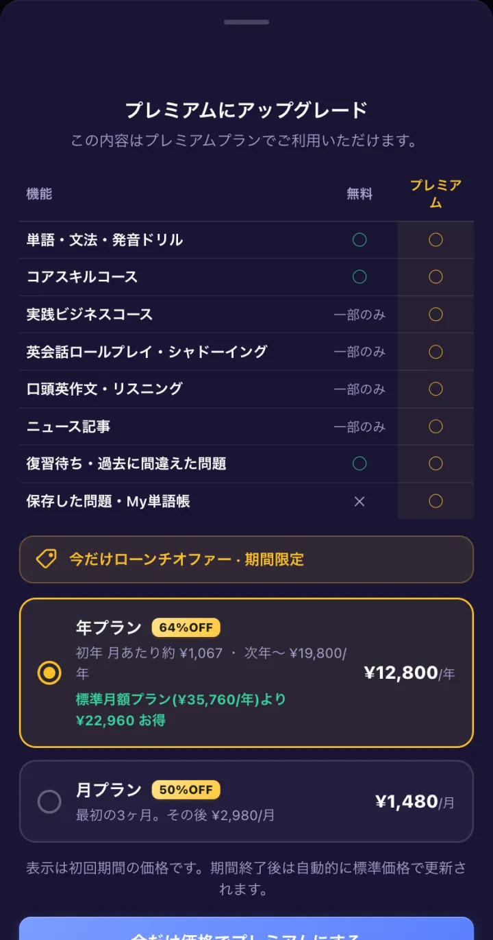 プレミアムの料金プラン画面。無料とプレミアムの機能比較表と、年プラン・月プランの価格